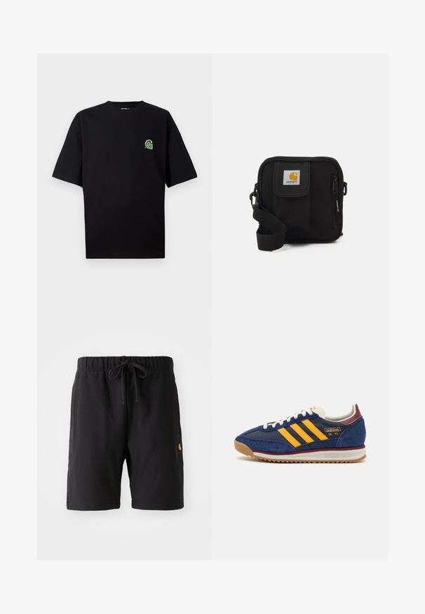 Camiseta negra de manga corta hecha de algodón, con un logo verde en el lado izquierdo del pecho. Cuello redondo, corte relajado y textura suave.; Pantalones cortos negros con una cinturilla elástica y cordón. Cuenta con un bolsillo lateral y un pequeño logo en rojo y amarillo en la parte inferior izquierda.; Zapatilla de ante azul marino con rayas amarillas, cordones blancos y acentos burdeos. Suela texturizada con surcos para tracción. Logo de la marca en el lateral.; Bolso bandolera negro con un compartimento principal con cremallera, bolsillo frontal, correa ajustable y un parche de logo visible en la tapa.