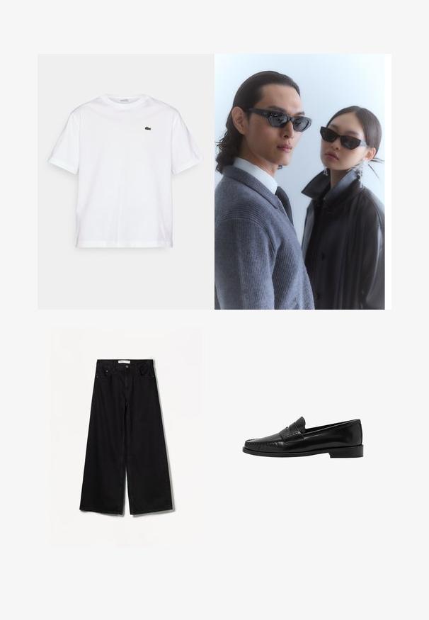 White cotton T-shirt with a round neckline and short sleeves. Features a green embroidered logo on the chest. Soft texture, relaxed fit.; Bershka WIDE-LEG - Wide Leg - black; Mango Slip-ons - black; Sunglasses with angular black frames on model with a gray sweater, showcasing textured knit and a black leather jacket worn by another model.