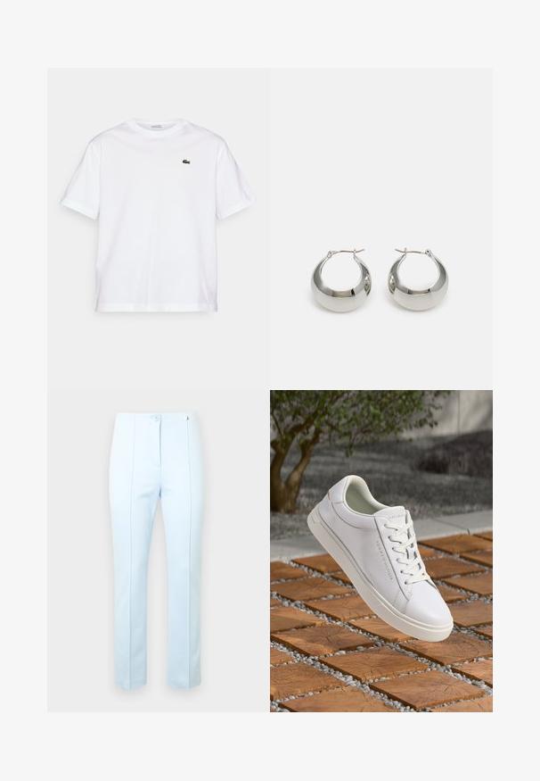 T-shirt en coton blanc avec un col rond et des manches courtes. Présente un logo brodé vert sur la poitrine. Texture douce, coupe décontractée.; Pantalon bleu clair sur mesure avec une texture lisse, doté de deux boutons à l'avant, de poches latérales et de coutures verticales discrètes pour la mise en forme.; Sneaker en cuir blanc avec des accents texturés, des lacets plats et un design minimaliste. Présente un branding subtil sur le côté.; Boucles d'oreilles en métal argenté avec une surface lisse et brillante et un design structuré et arrondi. Présentent un fermoir à charnière pour un port sécurisé.
