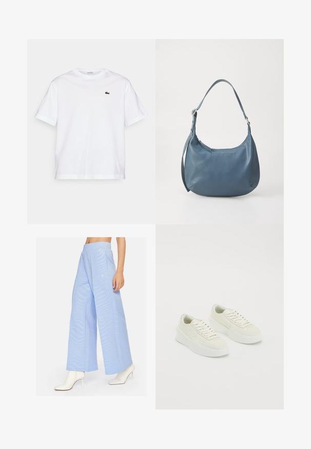 Balta kokvilnas T-kreklu ar apaļu kakla izgriezumu un īsām piedurknēm. Uz krūtīm ir zaļš izšūts logotips. Mīksta tekstūra, brīvi pieguļošs fasona.; Cardio Bunny VIBE - Auduma bikses - blue; Baltas zemas sporta apavi ar bieziem zolī un auklām, ar perorētām detaļām sānos un purngala daļā, izlikti uz baltas fona.; Zila ādas rokassoma ar noapaļotu formu, vienu plecu siksnu, ar rāvējslēdzēju aizdari un iegravētu zīmola nosaukumu priekšpusē. Gluda tekstūra.