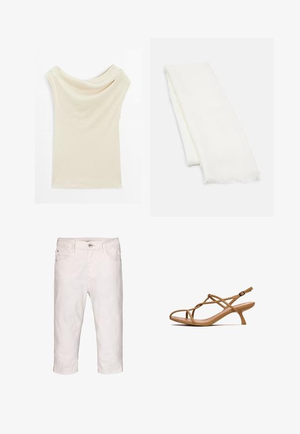 Beige Schulterfreies Oberteil aus weichem, leichtem Stoff. Hat ein drapiertes Design mit kurzen Ärmeln und einer glatten Textur.; Weiße Denim-Caprihosen mit Knopfverschluss, fünf Taschen und geradem Schnitt. Verfügt über eine leichte Textur und gesäumte Knöchel.; Helle Sandale mit Riemchen, spitzem Zehenbereich und dünnem Absatz. Hergestellt aus Gummi mit glatter Oberfläche. Verfügt über überkreuzte Riemen und einen verstellbaren Knöchelriemen.; Codello SUPERSOFTER SCHAL - Schal - white medium; Cremfarbene Lederhandtasche in Mondform, mit goldenen Akzenten, schwarzen Details und einem abnehmbaren Gurt. Sie verfügt über eine Kettendetail und einen Anhänger.