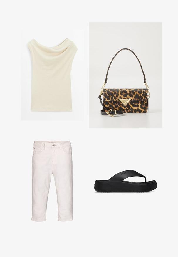 Beige off-shoulder top van zacht, lichtgewicht materiaal. Heeft een gedrapeerd ontwerp met korte mouwen en een gladde textuur.; Witte denim capripan met een knoopsluiting, vijf zakken en een rechte snit. Heeft een lichte textuur en omgezoomde enkels.; Zwarte flip-flop sandaal met een verhoogde zool, gemaakt van rubbermateriaal. Kenmerkt zich door een teenband en een gestructureerde voetbed voor grip.; Tassel tas met luipaardprint in gestructureerd faux leer, voorzien van een gouden driehoekige accent en een afneembare schouderband.