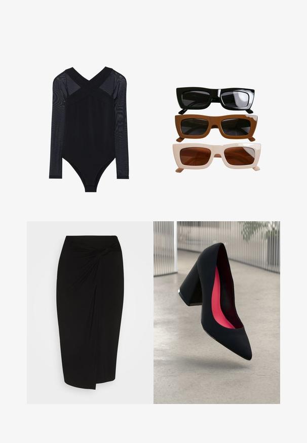 Zwarte bodysuit met lange mesh mouwen, een diepe V-hals en een aansluitend ontwerp, waarbij de gladde stof en de ingetogen constructie worden benadrukt.; Zwarte knie-lange rok van een zachte, rekbare stof, met een gedraaide knoopdetail op de taille en een slank, aansluitend silhouet.; Zwarte hoge hak met een spitse neus en een gestructureerd bovenwerk. Interieur met felroze voering. Vierkante hak met een metallic accent aan de basis.; Drie paar rechthoekige zonnebrillen. Boven: glanzend zwarte monturen met donkere lenzen. Midden: matte bruine monturen. Onder: crèmekleurige monturen met bruine lenzen.