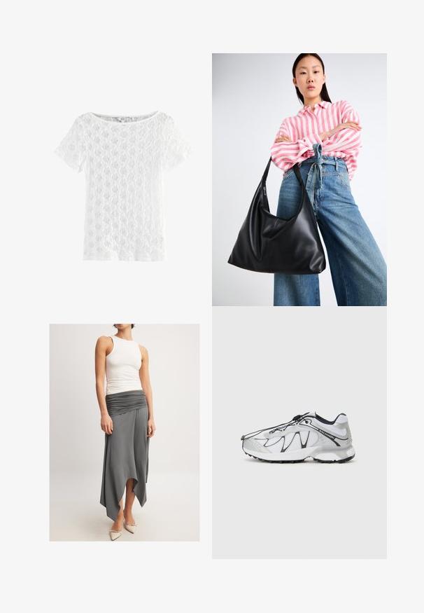 Witte top met korte mouwen, gemaakt van kant, met een ronde halslijn en een gepatterde textuur met een open geweven ontwerp.; Mouwloze witte tanktop gecombineerd met een vloeiende grijze rok met een gerimpelde tailleband en een asymmetrische zoom. Het model draagt beige hoge hakken.; Witte sportschoenen met een bovenkant van mesh, zwarte accenten, een textuur rubberen zool en een elastisch vetersysteem. Lichtgewicht met een modern ontwerp.; Zwarte leren schoudertas met een slungelige vorm en naden. Model draagt een roze en witte gestreepte blouse met wijde blauwe jeans.
