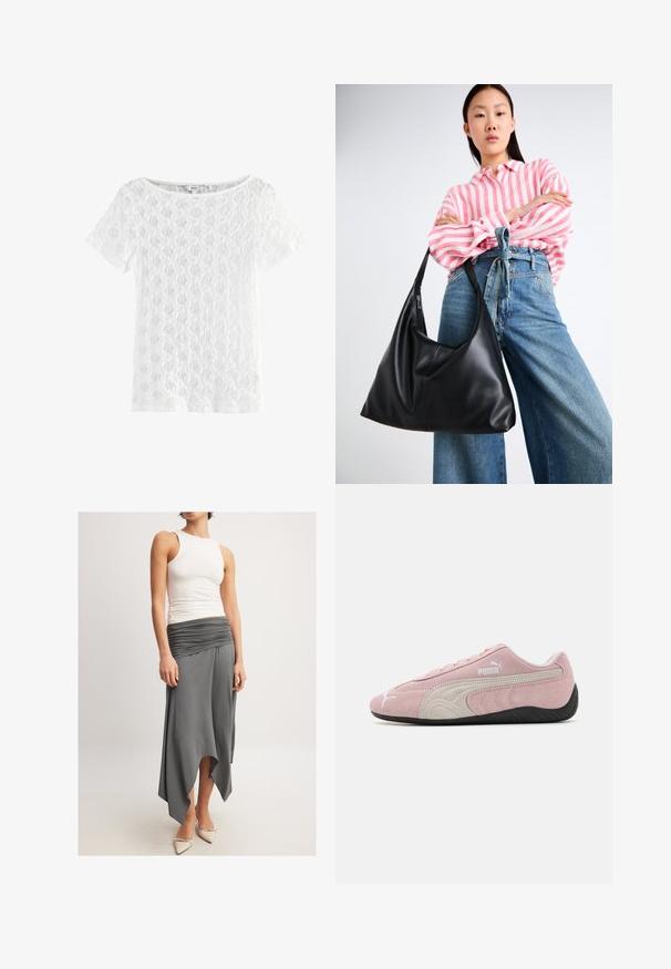 Weißes Kurzarmoberteil aus Spitze mit rundem Ausschnitt und gemusterter Textur im offenen Gewebedesign.; Ärmelloses weißes Tank-Top in Kombination mit einem luftigen, grauen Rock mit einer gerafften Taille und asymmetrischem Saum. Das Modell trägt beige High Heels.; Rosa Wildledersneaker mit grauen Akzenten, stromlinienförmigem Design, strukturiertem Obermaterial und schwarzer Gummisohle. Mit dem Puma-Logo an der Seite.; Schwarze Leder-Umhängetasche mit einer lässigen Form und Nahtdetails. Das Modell trägt ein pink-weiß gestreiftes Hemd zu weit geschnittenen blauen Jeans.