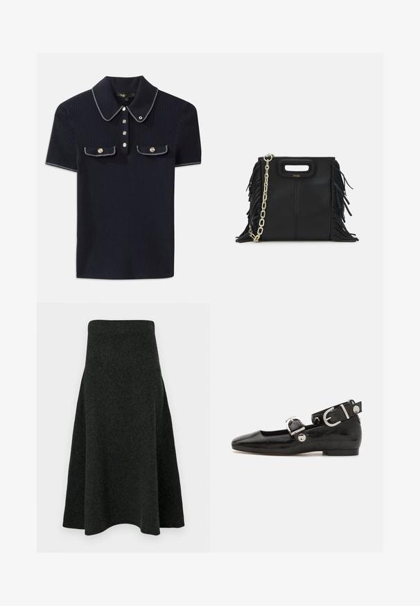 Mornarska polo majica s rebrastim uzorkom, koja sadrži uspravni ovratnik, kratke rukave i dva prednja džepa s dugmadi na pritisak; istaknuta bijelim šavovima.; Tamnozeleni filcani suknja s lepršavim siluetom, visokom strukom i glatkom teksturom. Rub suknje je blago zakrivljen za fluidan izgled.; Crne lakirane balerinke sa četvrtastim vrhom, remenom oko zapešća sa srebrnim detaljima i ravnim đonom. Glatka tekstura s minimalističkim dizajnom.; Crna kožna torba s resicama, zlatnim lančićem za rame i rukohvatom u obliku izreza. Sadrži logo na prednjoj strani.