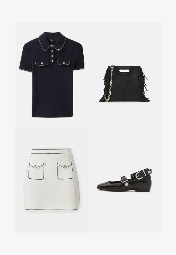 Mornarska polo majica s rebrastim uzorkom, koja sadrži uspravni ovratnik, kratke rukave i dva prednja džepa s dugmadi na pritisak; istaknuta bijelim šavovima.; Bijela mini suknja od tkanine s crnim šavovima, sadrži dvije prednje džepove s preklopima i srebrnim dugmadima. Glatka tekstura s strukturiranim oblikom.; Crne lakirane balerinke sa četvrtastim vrhom, remenom oko zapešća sa srebrnim detaljima i ravnim đonom. Glatka tekstura s minimalističkim dizajnom.; Crna kožna torba s resicama, zlatnim lančićem za rame i rukohvatom u obliku izreza. Sadrži logo na prednjoj strani.