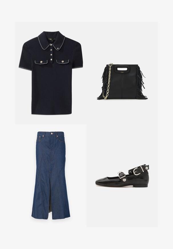 Mornarska polo majica z ribanim vzorcem, ki ima ostro ovratnik, kratke rokave in dve sprednji žepni z gumbom na pritisk; poudarjena z belimi šivnimi detajli.; Jeans mini krilo ima visok pas, do kolen dolg kroj, kontrastne oranžne šive in sprednji razporek za lažje gibanje.; Črne lakaste balerinke s kvadratnim prstom, trakovi okrog gležnja z zlatimi dodatki in ravnim podplatom. Gladka tekstura z minimalističnim dizajnom.; Črna usnjena ročna torba z detajli fringa, zlatim verigo za rame in izrezanim ročajem. Na sprednji strani je nameščen logotip.