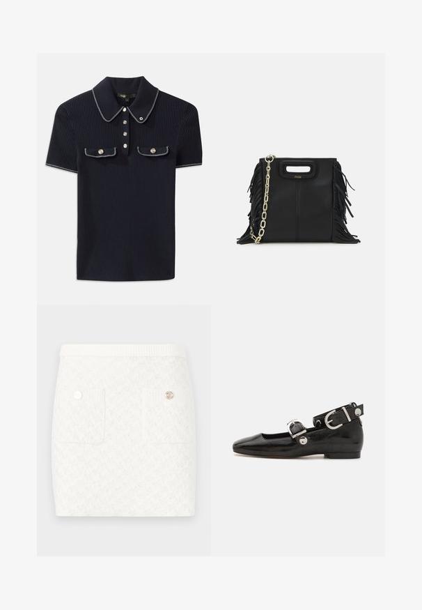 Polo shirt bleumarin cu țesătură rașchetată, având guler ascuțit, mâneci scurte și două buzunare frontale cu butoane tip snap; evidențiat prin accente de cusătură albă.; Fustă albă scurtă cu un model texturat, având două buzunare frontale și butoane decorative de culoare aurie. Talie elastică pentru confort.; Pantofii plano din piele patent neagră, cu vârful pătrat, curea de gleznă cu accesorii din argint și talpă plată. Textură netedă cu un design minimalist.; Geantă de mână din piele neagră cu detalii din franjuri, curea de umăr din lanț auriu și un mâner cu tăietură. Prezintă plasarea logo-ului pe față.