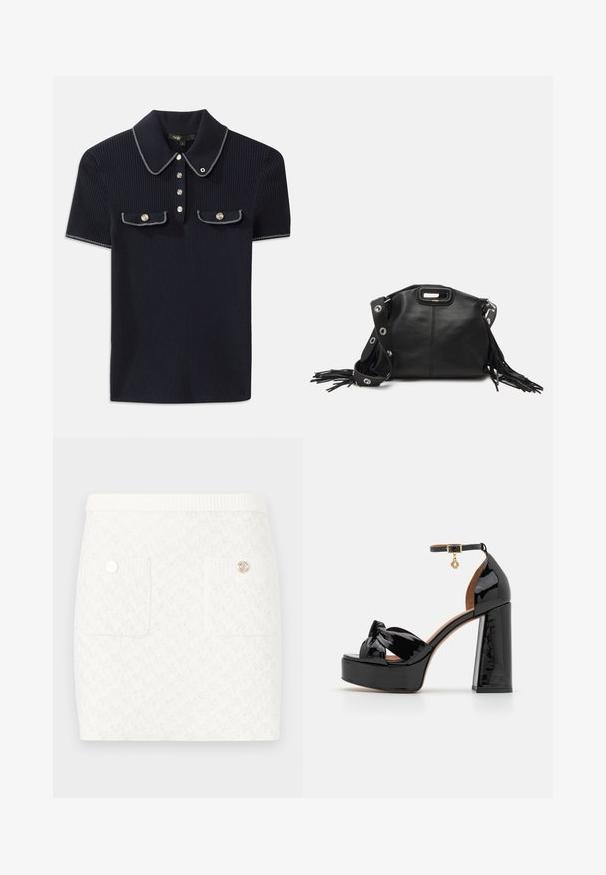 Navyblaues gestreiftes Poloshirt mit spitzem Kragen, kurzen Ärmeln und zwei vorderen Taschen mit Druckknöpfen; hervorgehoben durch weiße Steppnähte.; Kurzer weißer Rock mit strukturiertem Muster, ausgestattet mit zwei Fronttaschen und dekorativen Knöpfen in Goldoptik. Elastischer Bund für zusätzlichen Komfort.; Maje High Heel Sandalette - noir; Maje MISS MINI - Umhängetasche - noir