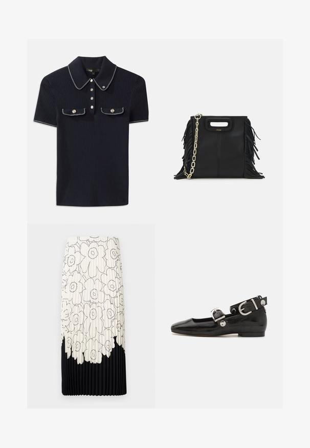 Tumes ribade polo-särk, millel on terav krae, lühikesed varrukad ja kaks esist taskut klõpsnuppudega; kaunistatud valgete õmbluse aktsentidega.; Kortsärk, millel on lilleline must-valge muster, koosneb heledast ülemisest osast lilledega ja ühtlasest mustast alläärest.; Must musta nahkkinga lamead kontsad, ruudukujulise varbaga, pahkluu rihmaga, mis sisaldab hõbedast taakleid, ning lame tald. Siledat pinda ja minimalistlikku disaini.; Musta nahk käekott, millel on frantsiisid, kuldne ahelsanga ja lõigatud käepide. Esiosas on logot.