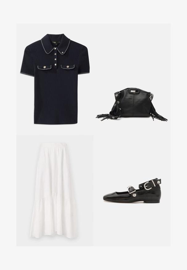 Navyblaues gestreiftes Poloshirt mit spitzem Kragen, kurzen Ärmeln und zwei vorderen Taschen mit Druckknöpfen; hervorgehoben durch weiße Steppnähte.; Weiße Midi-Rock aus leichtem Stoff, mit einem gestuften Design, feinen Blumenstickereien und einem gerafften Taillenbund.; Schwarze Lackleder-Ballerina mit eckiger Zehenpartie, Knöchelriemen mit silberner Hardware und flacher Sohle. Glatte Textur mit minimalistischen Design.; Maje MISS MINI - Umhängetasche - noir; Goldtonige Ohrringe mit mehreren kaskadierenden Ketten, verziert mit klaren ovalen Strasssteinen und dekorativen Ohrsteckern.