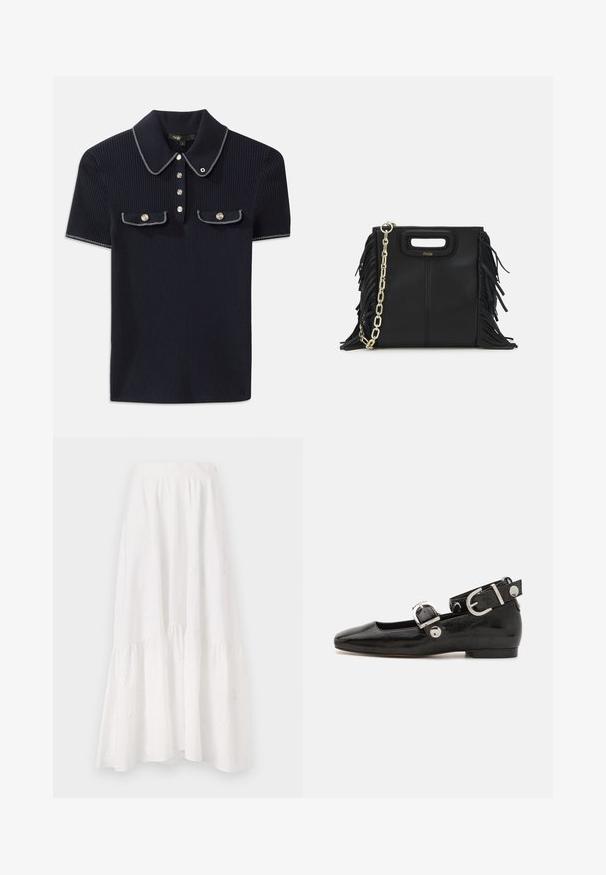 Polo shirt bleumarin cu țesătură rașchetată, având guler ascuțit, mâneci scurte și două buzunare frontale cu butoane tip snap; evidențiat prin accente de cusătură albă.; Fustă midi albă dintr-un material ușor, cu un design în straturi, având broderie florală subtilă și un tiv strâns.; Pantofii plano din piele patent neagră, cu vârful pătrat, curea de gleznă cu accesorii din argint și talpă plată. Textură netedă cu un design minimalist.; Geantă de mână din piele neagră cu detalii din franjuri, curea de umăr din lanț auriu și un mâner cu tăietură. Prezintă plasarea logo-ului pe față.