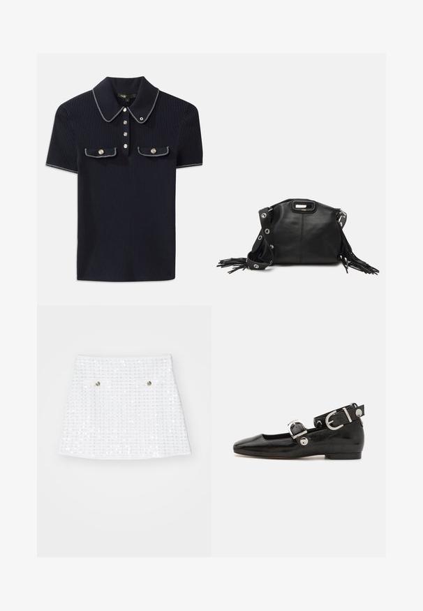 Tumes ribade polo-särk, millel on terav krae, lühikesed varrukad ja kaks esist taskut klõpsnuppudega; kaunistatud valgete õmbluse aktsentidega.; Maje Miniseelik - blanc cassé; Must musta nahkkinga lamead kontsad, ruudukujulise varbaga, pahkluu rihmaga, mis sisaldab hõbedast taakleid, ning lame tald. Siledat pinda ja minimalistlikku disaini.; Maje MISS MINI - Ülerinna-kott - noir; Kuldne tooni kõrvarõngad mitme voolava ahelaga, millel on selged ovaalsed rhinestone aktsendid ja dekoratiivsed stud-tippud.