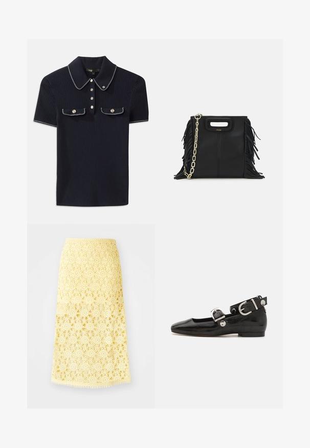 Mørkeblå ribbet polo-shirt med spidse krave, korte ærmer og to forlommer med trykknapper; fremhævet med hvide søm detaljer.; Gul hæklet midi nederdel med stjerneblomster mønstre, der har en bølget kant og en tekstureret finish. Elastisk talje for en god pasform.; Sorte patenteret lædersko med firkantet tå, ankelrem med sølvhardware og flad sål. Glat tekstur med minimalistisk design.; Sort læder skuldertaske med frynse-detaljer, guldkæde skulderrem og udskåret håndtag. Har logo placeret på forsiden.