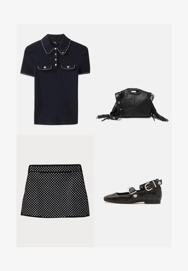 Navyblaues gestreiftes Poloshirt mit spitzem Kragen, kurzen Ärmeln und zwei vorderen Taschen mit Druckknöpfen; hervorgehoben durch weiße Steppnähte.; Schwarzer Minirock mit einem gelochten Design, verziert mit silbernen Nieten, mit einem glatten Bund und einem geraden Saum.; Schwarze Lackleder-Ballerina mit eckiger Zehenpartie, Knöchelriemen mit silberner Hardware und flacher Sohle. Glatte Textur mit minimalistischen Design.; Maje MISS MINI - Umhängetasche - noir