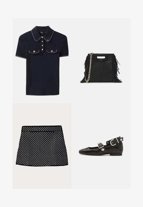 Jūros mėlynos spalvos šonkaityta polo marškinėliai su smailiu apykakle, trumpomis rankovėmis ir dviem priekinėmis kišenėmis su šonu užsegamais mygtukais; išryškinti baltais siūlų akcentais.; Juodas mini sijonas su perforuotu dizainu, puošyboje sidabrinės studės, turintis lygią juosmenį ir tiesią apatinę siūlę.; Juodas lakinės odos plokščias batelis su kvadratiniu pirštu, kulkšnies dirželiu su sidabro detalėmis ir plokščiu padu. Sklandus paviršius su minimalistišku dizainu.; Juodas odinis rankų darbo rankinys su frinzuotomis detalėmis, auksine grandinės petneša ir išpjauto dizaino rankena. Pirmoje pusėje yra logotipo vieta.