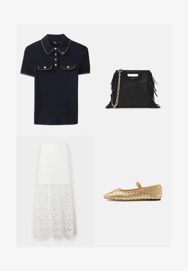Námornícky pruhovaný polo tričko s špicatým golierom, krátkymi rukávmi a dvoma prednými vreckami so zacvakávacími gombíkmi; zvýraznené bielymi stehovými akcentmi.; Maje JOZIMALO - Maxisukňa - ecru; Loeffler Randall LEONIE SOFT BALLET FLAT - Balerínky s remienkom okolo členku - gold; Čierna kožená kabelka s strapcami, zlatým reťazovým ramenným popruhom a vykrojenou rukoväťou. Na prednej strane sa nachádza logo.