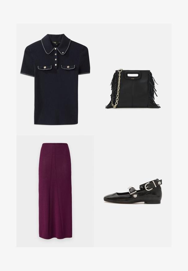 Polo shirt côtelé bleu marine avec un col pointu, des manches courtes et deux poches avant avec des boutons-pression ; souligné par des accents de couture blanche.; Jupe maxi en tricot de couleur violet foncé avec une silhouette droite, dotée d'une fente à l'arrière pour plus de mouvement et d'une finition lisse.; Ballerine en cuir verni noir avec un bout carré, sangle de cheville avec des détails en métal argenté et semelle plate. Texture lisse avec un design minimaliste.; Sac à main en cuir noir avec des détails en franges, chaîne dorée pour l'épaule et une poignée découpée. Présente le logo sur le devant.