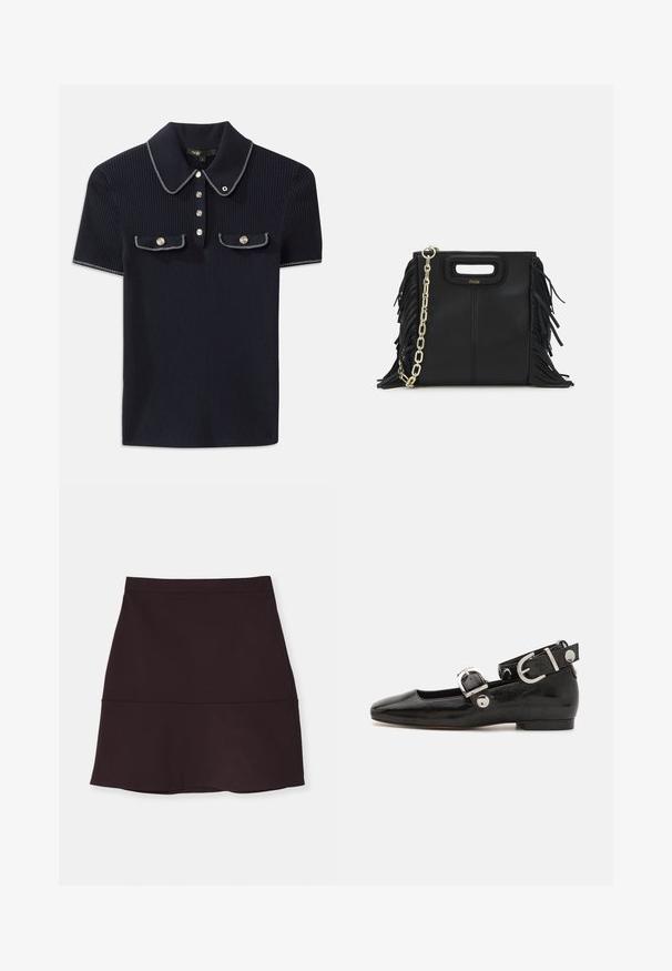 Námornícky pruhovaný polo tričko s špicatým golierom, krátkymi rukávmi a dvoma prednými vreckami so zacvakávacími gombíkmi; zvýraznené bielymi stehovými akcentmi.; Tmavo purpurová sukňa po kolená s hladkou textúrou, s telovým pásom a rozšíreným lemom. Ševový detail v strednej časti.; Čierne lakované baleríny so štvorcovou špičkou, remienkom okolo členka so striebornými prvkami a plochou podrážkou. Hladký povrch s minimalistickým dizajnom.; Čierna kožená kabelka s strapcami, zlatým reťazovým ramenným popruhom a vykrojenou rukoväťou. Na prednej strane sa nachádza logo.