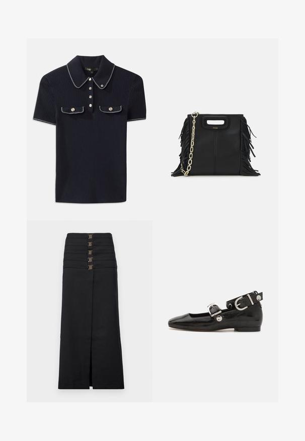 Sötétkék bordázott póló, hegyes gallérral, rövid ujjakkal és két elülső zsebbel, amelyek patentgombokkal záródnak; fehér varrási díszítésekkel kiemelve.; Fekete midi szoknya sima anyagból. A derekán vízszintes redők találhatók, öt téglalap alakú fém díszítéssel és egy oldalsó hasítékkal.; Fekete lakkbőr lapos cipő négyzet alakú orral, ezüst hardware-rel ellátott bokapánttal és lapos talppal. Simaságával és minimalista dizájnjával kiemelkedő.; Fekete bőr kézitáska, frufrus részletekkel, arany láncos vállpánttal és kivágott fogantyúval. Az elülső részen logó található.