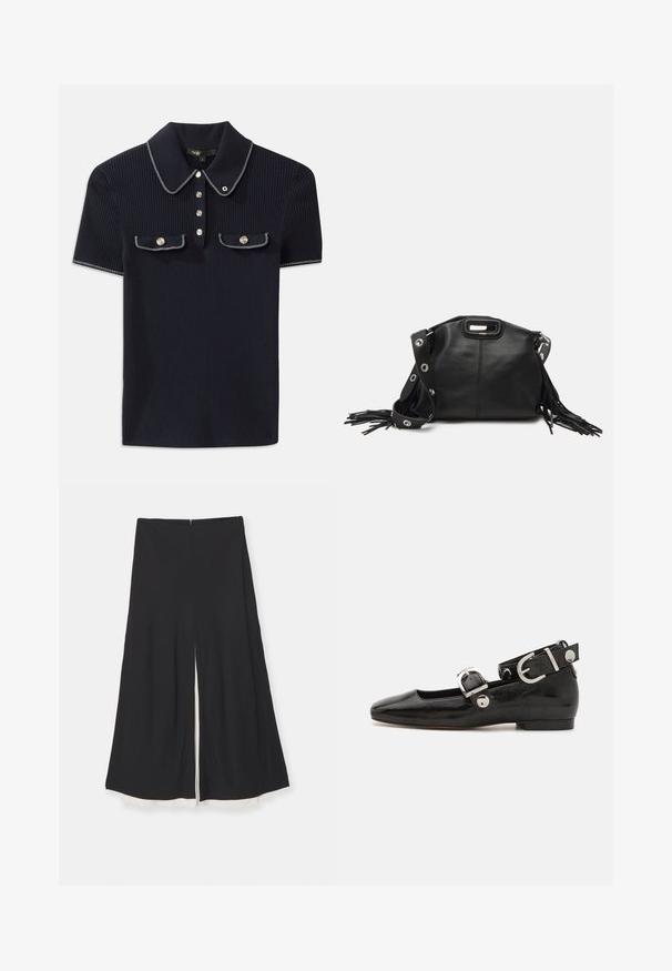 Polo shirt bleumarin cu țesătură rașchetată, având guler ascuțit, mâneci scurte și două buzunare frontale cu butoane tip snap; evidențiat prin accente de cusătură albă.; Pantaloni negri cu croială largă și deschidere frontală, având o textură netedă și o căptușeală albă contrastantă la tiv. Închidere cu fermoar la spate.; Pantofii plano din piele patent neagră, cu vârful pătrat, curea de gleznă cu accesorii din argint și talpă plată. Textură netedă cu un design minimalist.; Maje MISS MINI - Geantă crossbody - noir; Cercei aurii cu multiple lanțuri suspendate, având accente din rhinestone ovale clare și capete decorative cu tighel.