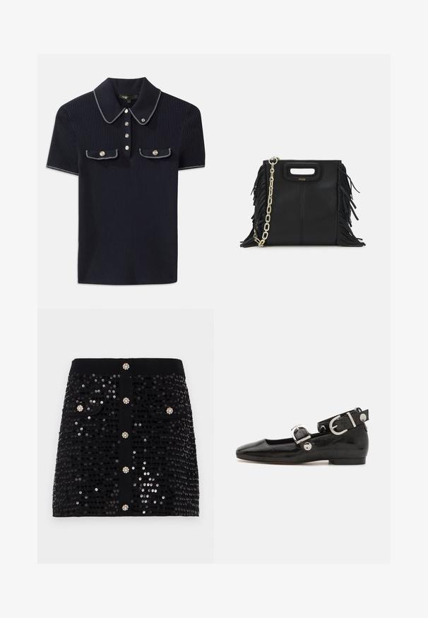 Navyblaues gestreiftes Poloshirt mit spitzem Kragen, kurzen Ärmeln und zwei vorderen Taschen mit Druckknöpfen; hervorgehoben durch weiße Steppnähte.; Schwarzer Paillettenrock mit tailliertem Schnitt, zwei Vorderaschen und dekorativen Knöpfen mit juwelenähnlichen Akzenten. Glatte Textur über die gesamte Fläche.; Schwarze Lackleder-Ballerina mit eckiger Zehenpartie, Knöchelriemen mit silberner Hardware und flacher Sohle. Glatte Textur mit minimalistischen Design.; Schwarze Lederhandtasche mit Fransen-Details, goldener Ketten-Schulterriemen und einem ausgeschnittenen Griff. Mit Logoplatzierung auf der Vorderseite.