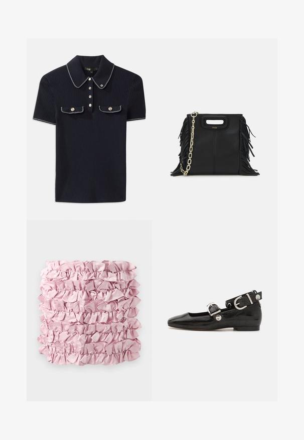 Polo a coste blu navy con colletto a punta, maniche corte e due tasche frontali con bottoni a scatto; messo in risalto da dettagli in cucitura bianca.; Tessuto rosa arricciato con più strati di una texture morbida e simile alla satinata, con bordi arricciati. Forma rettangolare con colore ricco e uniforme.; Scarpa flat in vernice nera con punta quadrata, cinturino alla caviglia con hardware in argento e suola piatta. Texture liscia con design minimalista.; Borsa a tracolla in pelle nera con dettagli a frangia, catena dorata e manico ritagliato. Presenta il logo sulla parte anteriore.