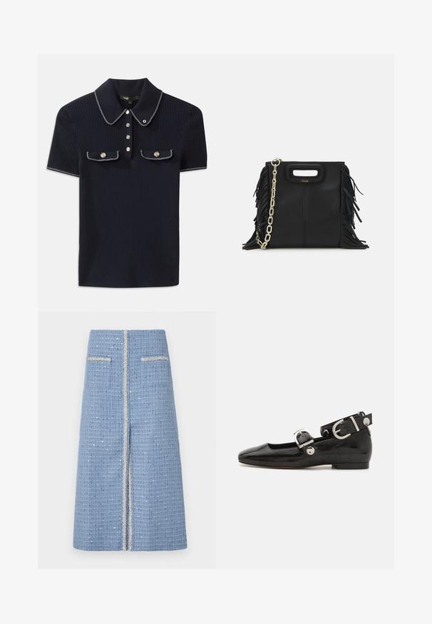 Polo shirt côtelé bleu marine avec un col pointu, des manches courtes et deux poches avant avec des boutons-pression ; souligné par des accents de couture blanche.; Jupe bleue tissée avec une finition texturée, dotée de deux poches avant et d'un bord argenté le long du centre et des bords des poches.; Ballerine en cuir verni noir avec un bout carré, sangle de cheville avec des détails en métal argenté et semelle plate. Texture lisse avec un design minimaliste.; Sac à main en cuir noir avec des détails en franges, chaîne dorée pour l'épaule et une poignée découpée. Présente le logo sur le devant.