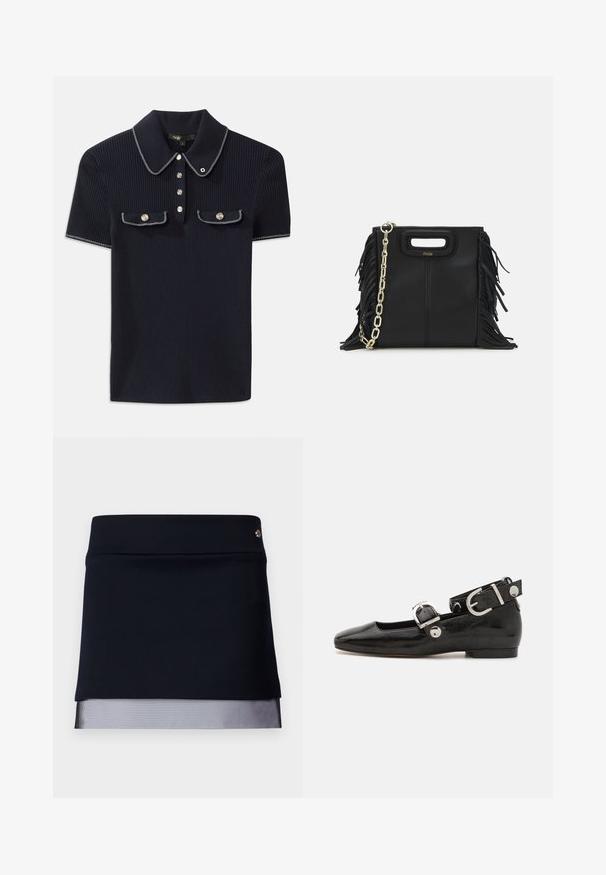 Polo shirt côtelé bleu marine avec un col pointu, des manches courtes et deux poches avant avec des boutons-pression ; souligné par des accents de couture blanche.; Jupe noire avec une taille ajustée et un détail d'ourlet en maille transparente. Le tissu est lisse avec une conception structurée, présentant un petit accent en métal.; Ballerine en cuir verni noir avec un bout carré, sangle de cheville avec des détails en métal argenté et semelle plate. Texture lisse avec un design minimaliste.; Sac à main en cuir noir avec des détails en franges, chaîne dorée pour l'épaule et une poignée découpée. Présente le logo sur le devant.