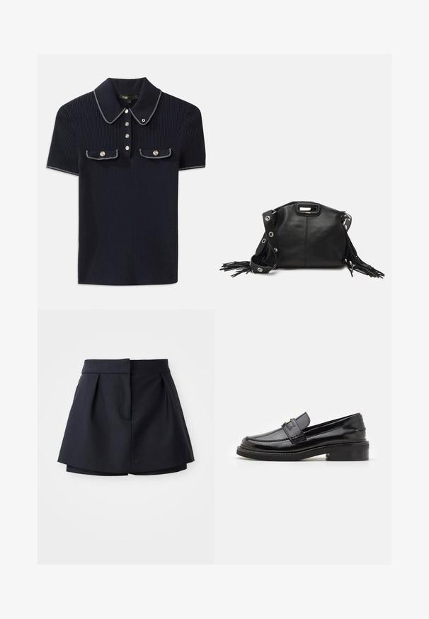 Polo a coste blu navy con colletto a punta, maniche corte e due tasche frontali con bottoni a scatto; messo in risalto da dettagli in cucitura bianca.; Pantaloni corti plissettati di colore blu navy con vita alta, realizzati in tessuto liscio. Presentano un design aderente e una tasca frontale nascosta.; Mocassino in pelle verniciata nera con finitura liscia, dettagli cuciti nella parte anteriore e tacco basso per un supporto ottimale. Accentatura dorata sulla fascia.; Maje MISS MINI - Borsa a tracolla - noir