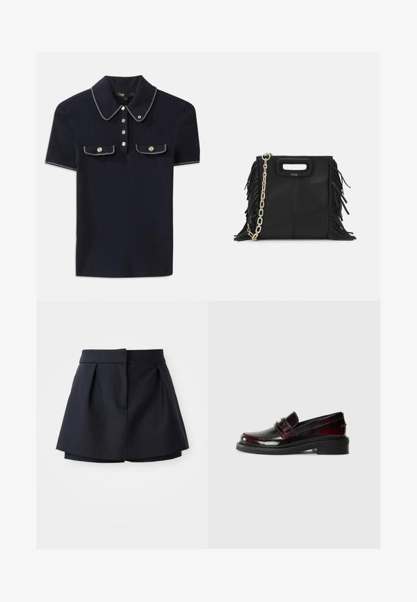 Polo shirt bleumarin cu țesătură rașchetată, având guler ascuțit, mâneci scurte și două buzunare frontale cu butoane tip snap; evidențiat prin accente de cusătură albă.; Pantaloni scurți plisati navy, cu talie înaltă, confecționați dintr-un material neted. Prezintă un design ajustat și un buzunar frontal ascuns.; Mocasin din piele de culoare burgundă închisă, cu un finisaj lucios. Are un superior cusut, o bandă frontală și o talpă plată din cauciuc.; Geantă de mână din piele neagră cu detalii din franjuri, curea de umăr din lanț auriu și un mâner cu tăietură. Prezintă plasarea logo-ului pe față.