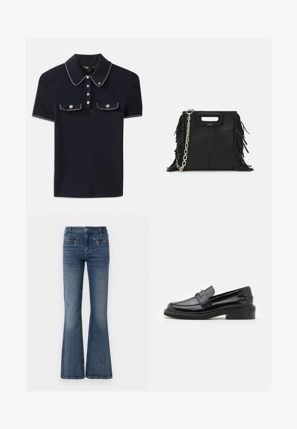 Mørkeblå ribbet polo-shirt med spidse krave, korte ærmer og to forlommer med trykknapper; fremhævet med hvide søm detaljer.; Blå denim jeans med flare ben og en middelhøj talje, med for- og baglommer samt en subtil falmet vask.; Sorte lakerede loafers med en glat finish, en stikning foran og en lav blokhælkonstruktion for støtte. Guldaccent på remmen.; Sort læder skuldertaske med frynse-detaljer, guldkæde skulderrem og udskåret håndtag. Har logo placeret på forsiden.
