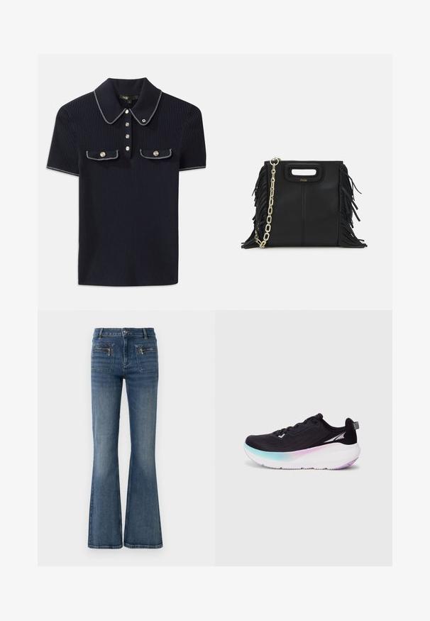 Polo de rayas marino con cuello puntiagudo, mangas cortas y dos bolsillos frontales con botones a presión; destacado con costuras en blanco.; Jeans de denim azul acampanados con una cintura de altura media, que cuentan con bolsillos delanteros y traseros y un sutil lavado desvanecido.; Zapatilla de running negra con parte superior de malla ligera, suela en degradado que va de azul claro a púrpura y acentos reflectantes.; Bolso de mano de cuero negro con detalles de flecos, correa de cadena dorada para el hombro y un asa con corte. Presenta una colocación del logotipo en la parte frontal.