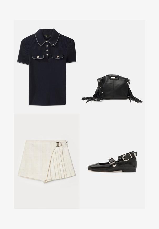 Granatowa polo z prążkowanej tkaniny, z kołnierzykiem w kształcie klapy, krótkimi rękawami i dwoma przednimi kieszeniami zapinanymi na napy; wyróżniająca się białymi przeszyciami.; Białe lniane szorty z plisowanym wzorem, asymetrycznym przodem i metalowym zapięciem na pasku w kolorze srebra.; Czarne lakierowane baleriny z kwadratowym noskiem, z paskiem na kostkę z metalowymi elementami w kolorze srebrnym oraz płaską podeszwą. Gładka textura i minimalistyczny design.; Maje - Torba na ramię; Złote kolczyki z wieloma kaskadowymi łańcuszkami, z przezroczystymi owalnymi akcentami z rhinestone'ów oraz ozdobnymi sztyftami.