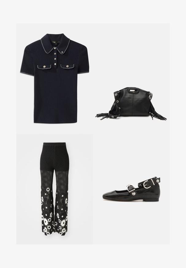 Jūras spēku ribots polo krekls ar norādītu apkakli, īsām piedurknēm un divām priekšējām kabatām ar pogām; uzsvērts ar baltām šuvēm.; Maje POCHETTY - Auduma bikses - noir/blanc; Melnas laika patenta ādas dzīvokļu kurpes ar kvadrātu purngalu, potītes siksna ar sudraba furnitūru un platu zoli. Gluda tekstūra ar minimālu dizainu.; Maje MISS MINI - Plecu soma - noir