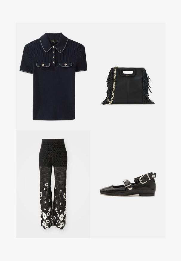 Granatowa polo z prążkowanej tkaniny, z kołnierzykiem w kształcie klapy, krótkimi rękawami i dwoma przednimi kieszeniami zapinanymi na napy; wyróżniająca się białymi przeszyciami.; Maje - Spodnie materiałowe; Czarne lakierowane baleriny z kwadratowym noskiem, z paskiem na kostkę z metalowymi elementami w kolorze srebrnym oraz płaską podeszwą. Gładka textura i minimalistyczny design.; Czarna skórzana torebka na ramię z frędzlami, złotym łańcuszkiem oraz wyciętym uchwytem. Posiada umieszczone na przodzie logo.