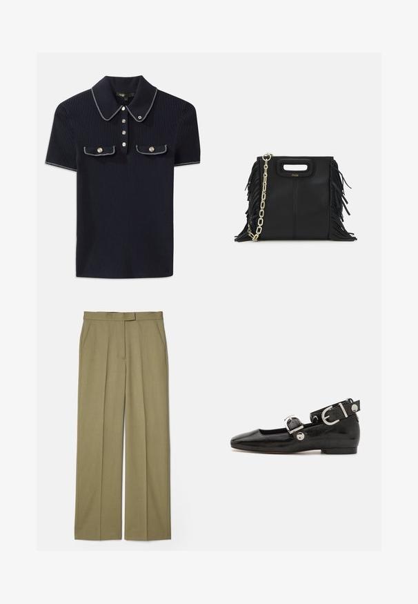 Laadukas tummansininen farkku-paita, jossa on tukeva kaulus, lyhyet hihat ja kaksi etutaskua, joissa on nepparit; valkoiset ompeleet korostavat tyyliä.; Khaki värilliset pleisirahousut, suoran lahkeen muotoilulla, valmistettu teksturoidusta kankaasta, jossa on kaksi sivutaskua ja sileä vyötärö.; Musta patenttinahkainen tasapohjainen kenkä suoralla varvastyöllä, nilkkahihna hopeisilla yksityiskohdilla ja tasainen pohja. Sileä pinta ja minimalistinen muotoilu.; Musta nahkakäekott, millel on frantsiisidetailid, kuldne õlgade rihm ja lõikega käepide. Ees on logo paigutus.