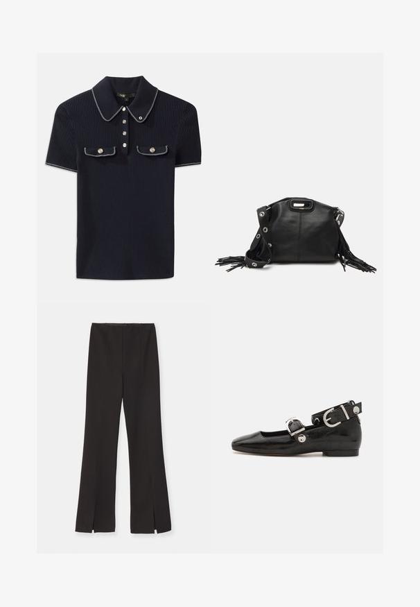 Polo shirt côtelé bleu marine avec un col pointu, des manches courtes et deux poches avant avec des boutons-pression ; souligné par des accents de couture blanche.; Maje POMELOU - Pantalon classique - noir; Ballerine en cuir verni noir avec un bout carré, sangle de cheville avec des détails en métal argenté et semelle plate. Texture lisse avec un design minimaliste.; Maje MISS MINI - Sac bandoulière - noir; Boucles d'oreilles en ton or avec plusieurs chaînes en cascade, présentant des accents en strass ovales transparents et des dessus à clous décoratifs.