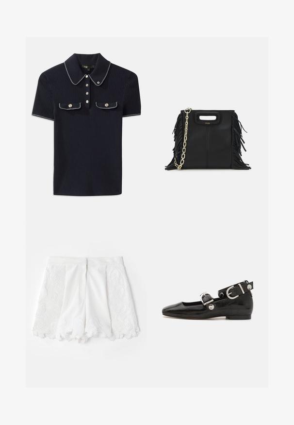 Granatowa polo z prążkowanej tkaniny, z kołnierzykiem w kształcie klapy, krótkimi rękawami i dwoma przednimi kieszeniami zapinanymi na napy; wyróżniająca się białymi przeszyciami.; Białe szorty z fakturowanym haftowanym wzorem wzdłuż boków oraz falbanowym wykończeniem. Gładki materiał z dekoracyjnymi wstawkami z koralików.; Czarne lakierowane baleriny z kwadratowym noskiem, z paskiem na kostkę z metalowymi elementami w kolorze srebrnym oraz płaską podeszwą. Gładka textura i minimalistyczny design.; Czarna skórzana torebka na ramię z frędzlami, złotym łańcuszkiem oraz wyciętym uchwytem. Posiada umieszczone na przodzie logo.