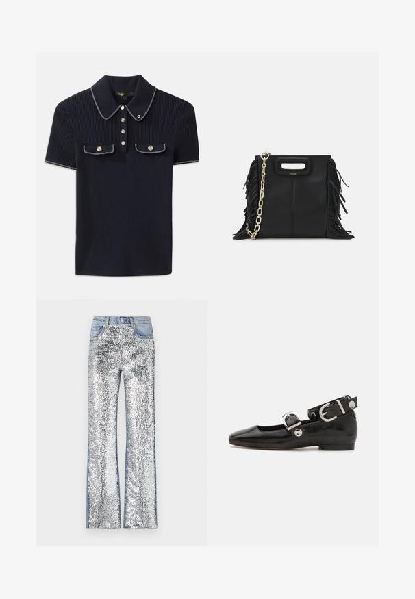 Mørkeblå ribbet polo-shirt med spidse krave, korte ærmer og to forlommer med trykknapper; fremhævet med hvide søm detaljer.; Sølvglitrende jeans med en flare-design, med en denim-talje og -sider, der skaber en tekstureret, reflekterende overflade.; Sorte patenteret lædersko med firkantet tå, ankelrem med sølvhardware og flad sål. Glat tekstur med minimalistisk design.; Sort læder skuldertaske med frynse-detaljer, guldkæde skulderrem og udskåret håndtag. Har logo placeret på forsiden.