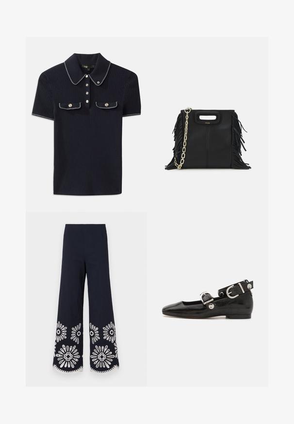 Mornarska polo majica z ribanim vzorcem, ki ima ostro ovratnik, kratke rokave in dve sprednji žepni z gumbom na pritisk; poudarjena z belimi šivnimi detajli.; Maje PUBA - Hlače - marine; Črne lakaste balerinke s kvadratnim prstom, trakovi okrog gležnja z zlatimi dodatki in ravnim podplatom. Gladka tekstura z minimalističnim dizajnom.; Črna usnjena ročna torba z detajli fringa, zlatim verigo za rame in izrezanim ročajem. Na sprednji strani je nameščen logotip.