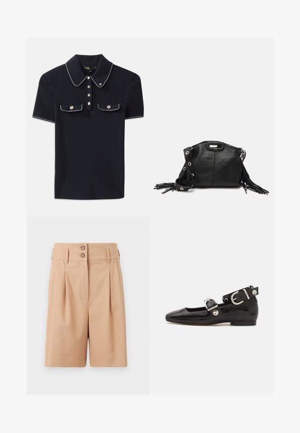 Mornarska polo majica z ribanim vzorcem, ki ima ostro ovratnik, kratke rokave in dve sprednji žepni z gumbom na pritisk; poudarjena z belimi šivnimi detajli.; Bež kratke hlače z visokim pasom, dvema sprednjima nabora in dvema gumboma na pasu. Tkanina deluje gladko in strukturirano.; Črne lakaste balerinke s kvadratnim prstom, trakovi okrog gležnja z zlatimi dodatki in ravnim podplatom. Gladka tekstura z minimalističnim dizajnom.; Maje MISS MINI - Torba čez telo - noir; Zlato-tonirane uhane z več kaskadnimi verigami, ki vključujejo prozorne ovalne kamenčke in okrasne zgornje dele.