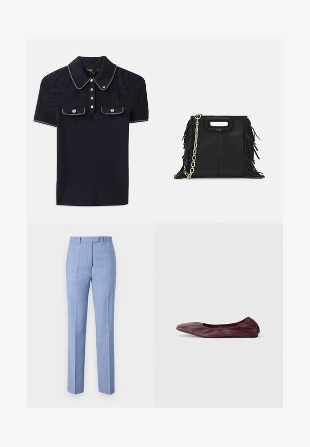 Sötétkék bordázott póló, hegyes gallérral, rövid ujjakkal és két elülső zsebbel, amelyek patentgombokkal záródnak; fehér varrási díszítésekkel kiemelve.; Világoskék, sima anyagú, testre szabott nadrág, magas derékkal, elöl rakott részletekkel és egyenes szárakkal. Minimalista dizájn, látható minták nélkül.; Burgundi színű, mély bőrből készült balerina cipő, lekerekített orral, rugalmas szegéllyel és sima felülettel, finom redőzéssel.; Fekete bőr kézitáska, frufrus részletekkel, arany láncos vállpánttal és kivágott fogantyúval. Az elülső részen logó található.