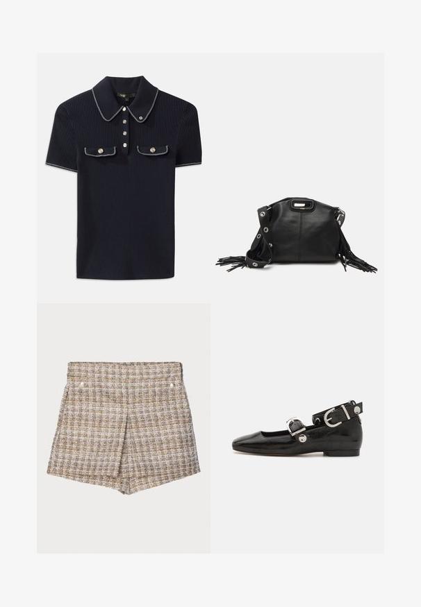 Marineblå ribbestrikket polo skjorte med spiss krage, korte ermer og to frontlommer med trykknapper; fremhevet med hvite søm detaljer.; Brune rutete vevde shortser med en teksturert finish, som har to sølv knapper foran og en skreddersydd, strukturert design.; Sorte lakkderflat sko med firkantet tå, ankelstropp med sølvfarge detaljer, og flat såle. Glatt tekstur med minimalistisk design.; Maje MISS MINI - Skulderveske - noir