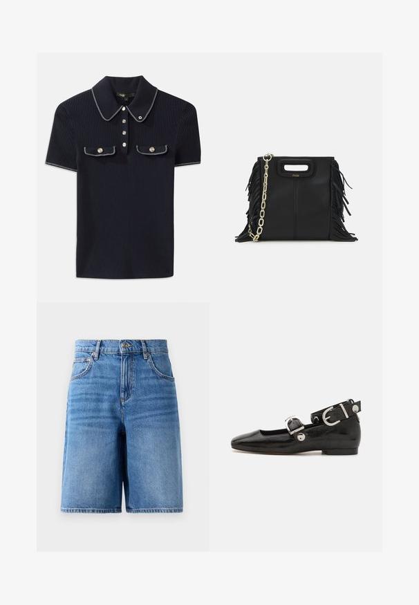 Námořnicky modrý žebrovaný polo tričko s špičatým límcem, krátkými rukávy a dvěma předními kapsami se zacvakávacími knoflíky; zvýrazněné bílými švy.; Džínové šortky ve světle modré barvě, s vysokým pasem, širokým nohavicemi, pěti kapsami a prošíváním podél okrajů.; Černé lakované baleríny se čtveratou špičkou, nártní přezkou s stříbrným kováním a plochou podrážkou. Hladká textura s minimalistickým designem.; Černá kožená kabelka s třásněmi, zlatým řetízkovým ramenním popruhem a rukojetí s výřezem. Na přední straně se nachází logo.