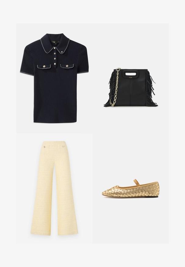 Mørkeblå ribbet polo-shirt med spidse krave, korte ærmer og to forlommer med trykknapper; fremhævet med hvide søm detaljer.; Bredde ben bukser i tekstureret gul stof. Har to frontlommer og metallisk knapdetaljer. Rent, minimalistisk design.; Loeffler Randall LEONIE SOFT BALLET FLAT - Ballerinasko m/ rem - gold; Sort læder skuldertaske med frynse-detaljer, guldkæde skulderrem og udskåret håndtag. Har logo placeret på forsiden.