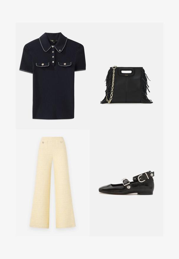 Polo shirt côtelé bleu marine avec un col pointu, des manches courtes et deux poches avant avec des boutons-pression ; souligné par des accents de couture blanche.; Pantalons larges en tissu jaune texturé. Dotés de deux poches avant et d'accents en boutons métalliques. Design épuré et minimaliste.; Ballerine en cuir verni noir avec un bout carré, sangle de cheville avec des détails en métal argenté et semelle plate. Texture lisse avec un design minimaliste.; Sac à main en cuir noir avec des détails en franges, chaîne dorée pour l'épaule et une poignée découpée. Présente le logo sur le devant.