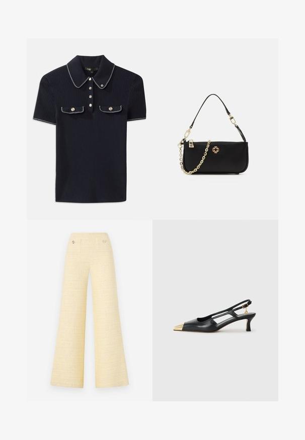 Tumes ribade polo-särk, millel on terav krae, lühikesed varrukad ja kaks esist taskut klõpsnuppudega; kaunistatud valgete õmbluse aktsentidega.; Kitsad laiade jalgadega püksid tekstureeritud kollases kangas. Omavad kahte esipaneeli taskut ja metallnööpide aksessuaare. Puhtalt minimalistlik disain.; Must must kottislingidega must nahkne king, millel on terav varvas ja kuldne metallist kapuuts. Omab lõikekujundust ning peaõhuke konts koos reguleeritava rihmaga.; Must märk musta käekott sileda tekstuuriga, millel on kuldne kett ja lukuga kinnitamine ning esiküljel dekoratiivne kuldne embleem.