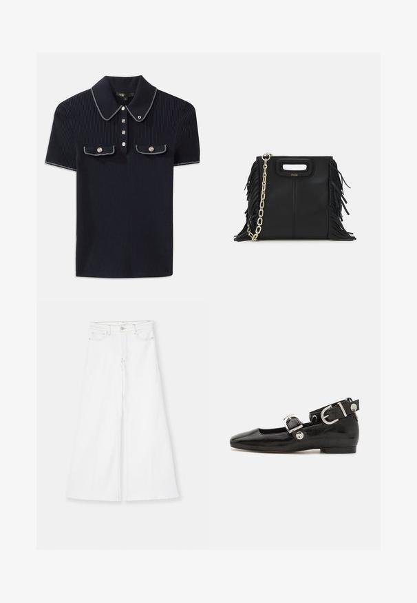 Tumes ribade polo-särk, millel on terav krae, lühikesed varrukad ja kaks esist taskut klõpsnuppudega; kaunistatud valgete õmbluse aktsentidega.; FRAME LE PALAZZO CROP RAW FRAY - Alt laienevad teksad - white; Must musta nahkkinga lamead kontsad, ruudukujulise varbaga, pahkluu rihmaga, mis sisaldab hõbedast taakleid, ning lame tald. Siledat pinda ja minimalistlikku disaini.; Musta nahk käekott, millel on frantsiisid, kuldne ahelsanga ja lõigatud käepide. Esiosas on logot.